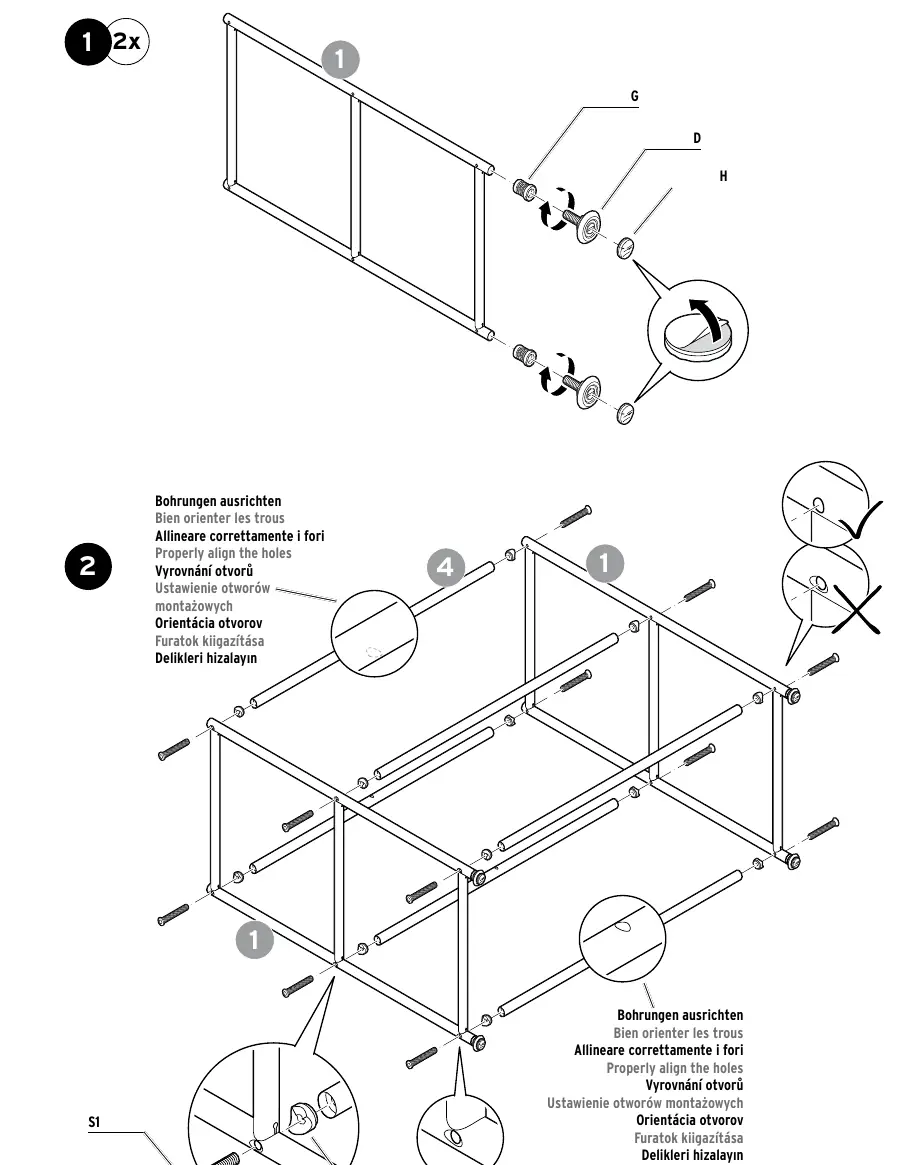 Step 1 and 2: Frame assembly.