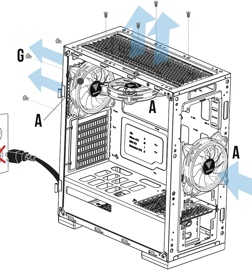 Fan installation into the computer case.