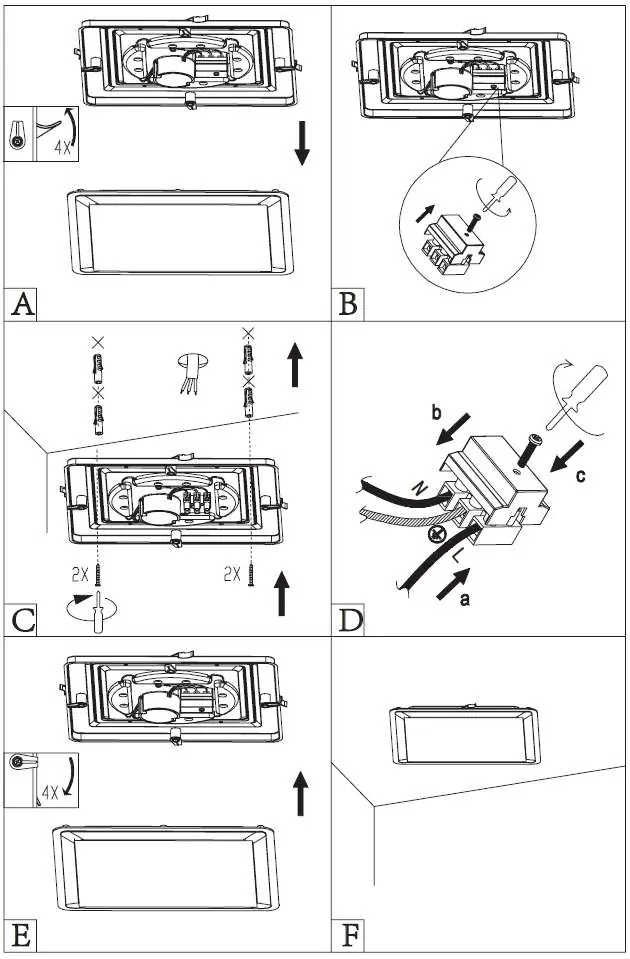 Installation sequence: A (remove shade), B (terminal block), C (mounting), D (wiring), E (reinstall shade).