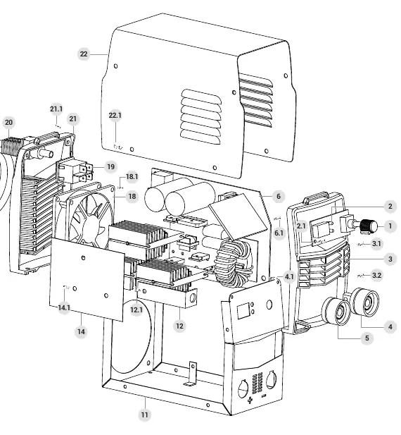 Exploded view diagram of the Pretul 120A welder