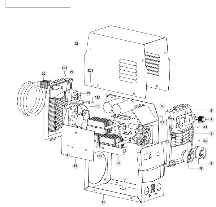 Exploded view diagram of the Pretul 120A Inverter Welder showing component assembly.