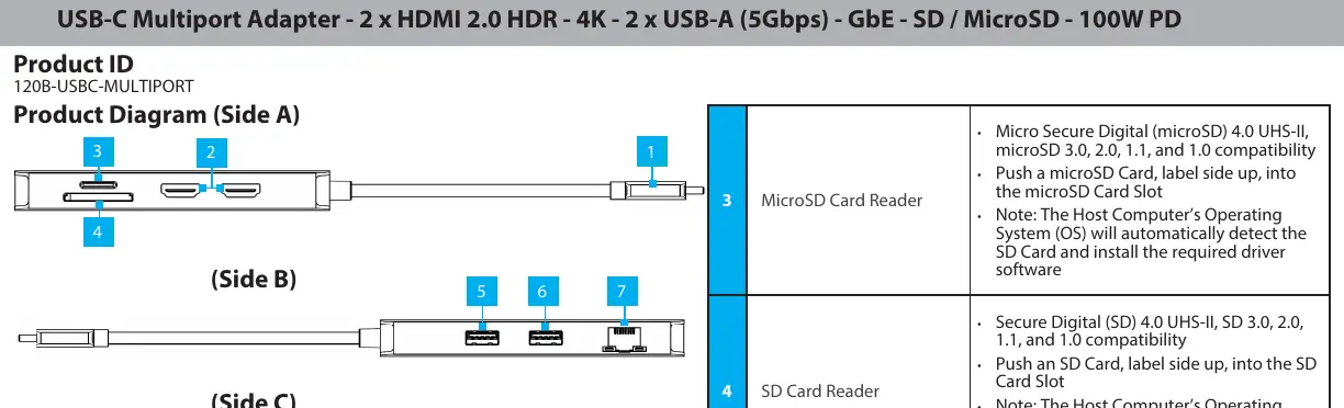 Product Diagram showing port locations on Side A, B, and C.