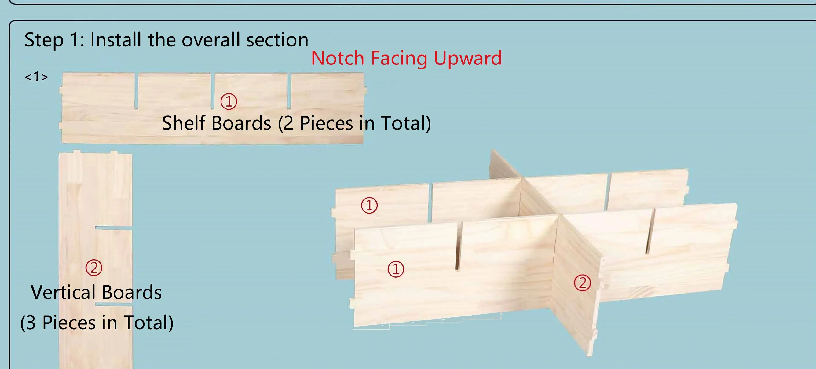 Step 1: Installing the overall section with notches facing upward.