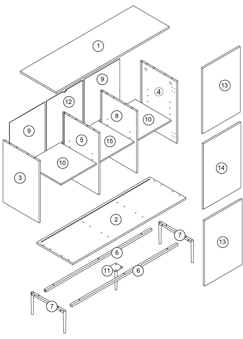Exploded view of the sideboard components