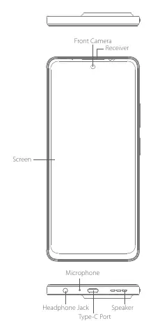 Front view of the smartphone showing port and component locations.
