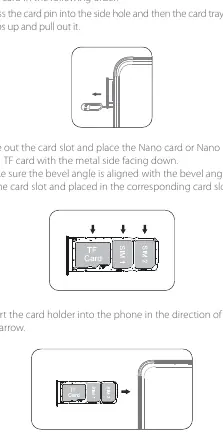Step-by-step instructions for inserting the SIM and TF cards.