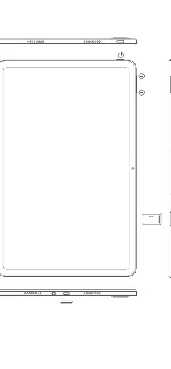 Tablet layout diagram showing buttons, ports, and card slot.