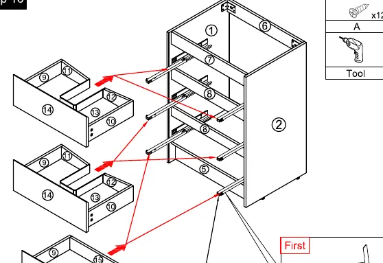 Step 16: Inserting drawers into the cabinet.