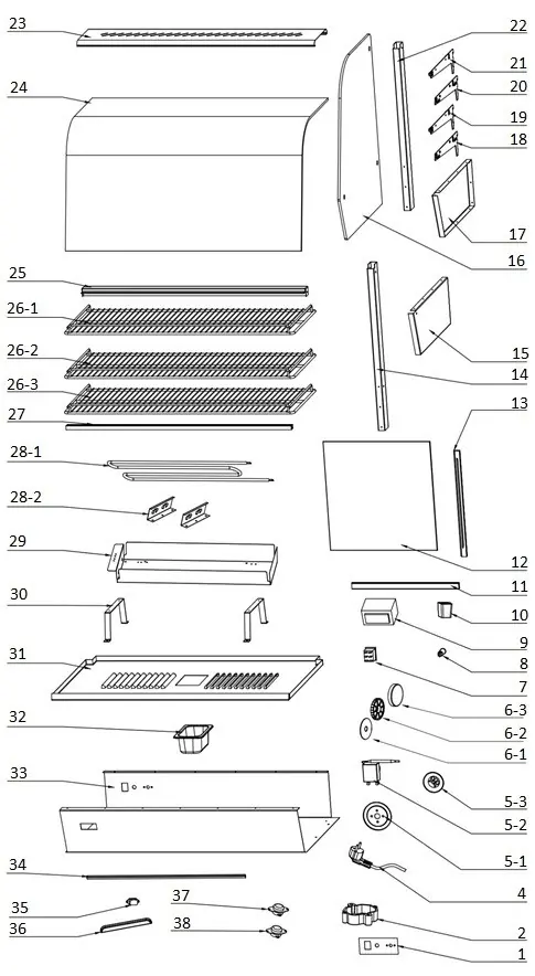 Exploded view of the Hendi Heated Countertop Display 120Ltr showing component assembly.