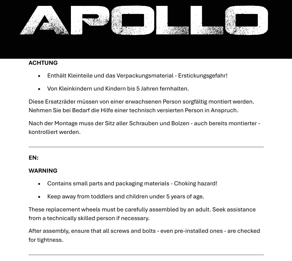 Safety warnings and assembly requirements for the 120mm stunt scooter wheels