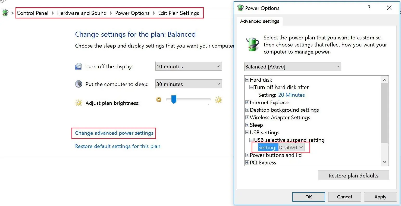 Windows Power Options settings