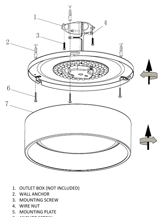 Exploded view of the ceiling fixture assembly and mounting components.