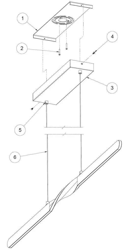 Exploded view of the pendant light assembly and mounting components.