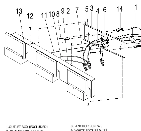 Exploded view of the LED Vanity Fixture installation, showing the mounting plate, wiring connections, and fixture base assembly.