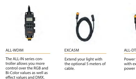 Optional accessories: Wired Dimmer, Extension Cable, and D-Tap adapter
