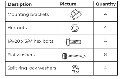 Package contents list including mounting brackets and hardware.