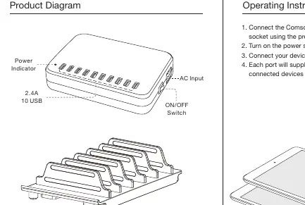 Product Diagram showing ports, power indicator, and switch.