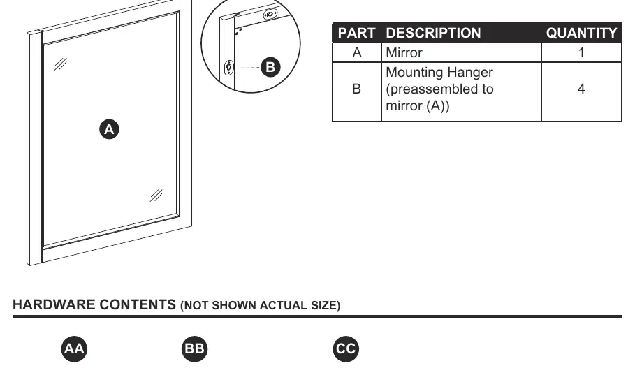Package contents including mirror and hardware