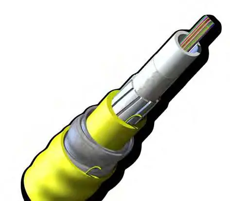 Cable construction showing fiber ribbons, buffer tube, and interlocking armor.