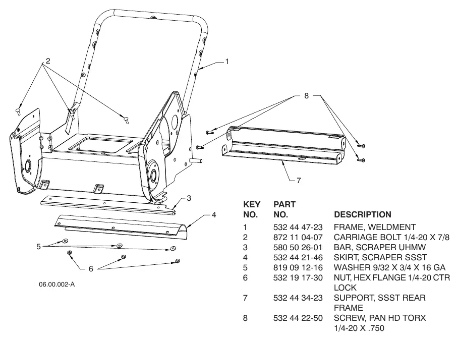 Exploded view of the snow thrower frame assembly, showing the installation of the scraper bar, scraper skirt, and rear frame support.