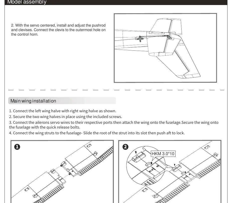 Assembly steps for the tail control linkage and main wing connection