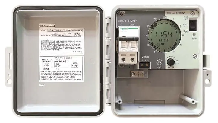 Internal view of the TimeZone control panel showing the circuit breaker and LCD interface.