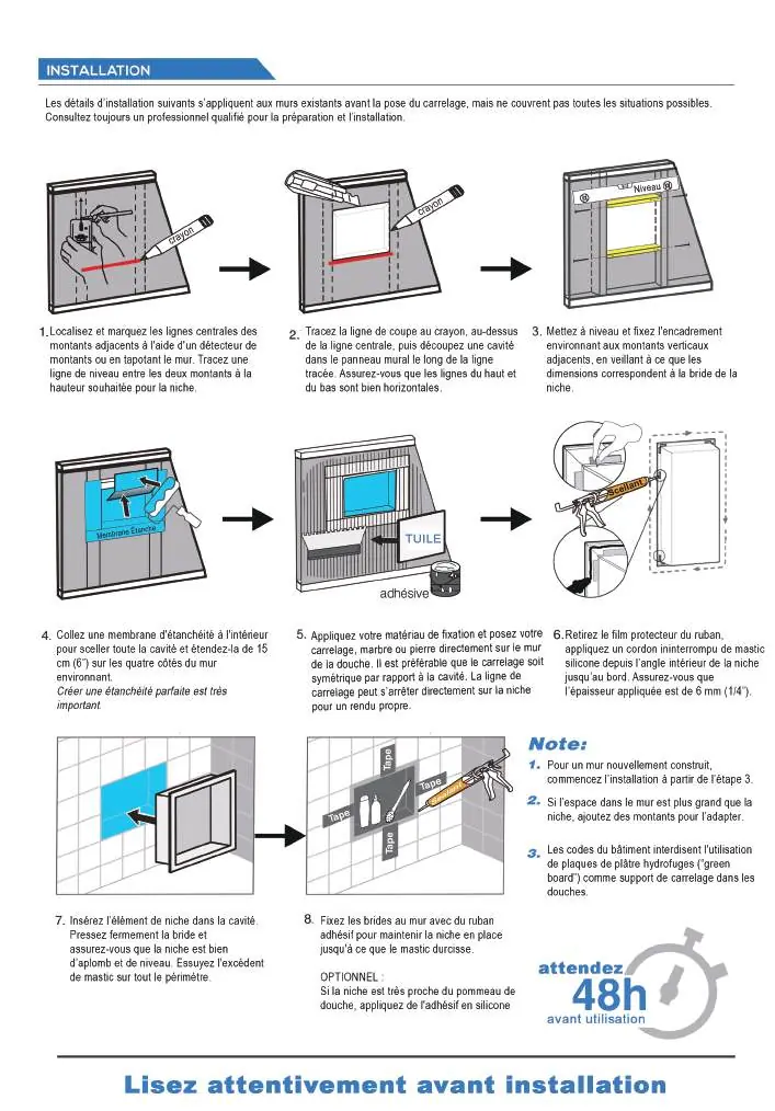 Step-by-step installation sequence for the shower niche.