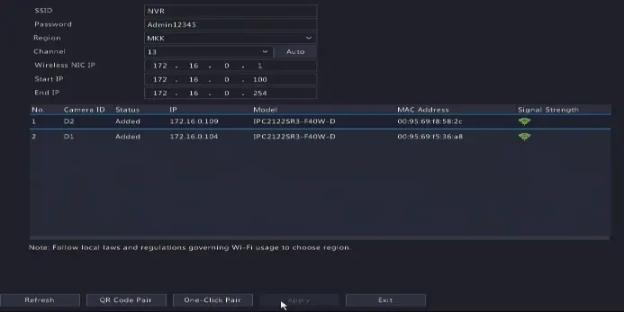 Wi-Fi configuration menu on the NVR