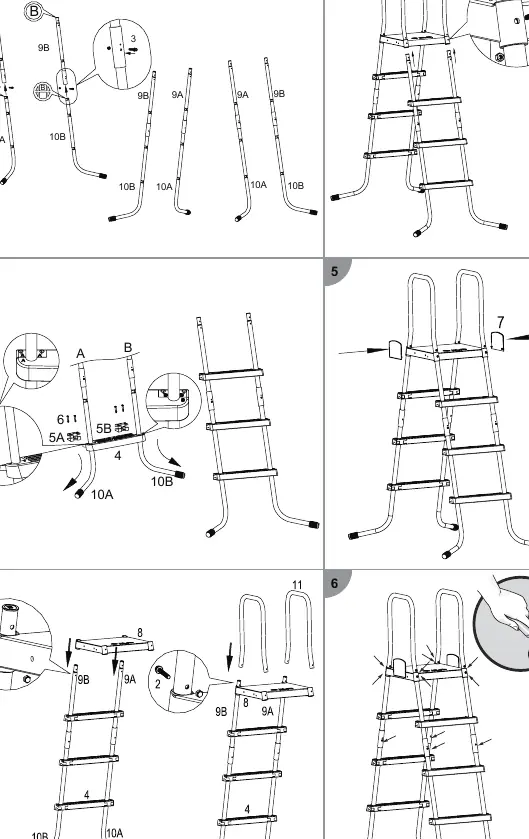 Step-by-step assembly sequence for the pool ladder.