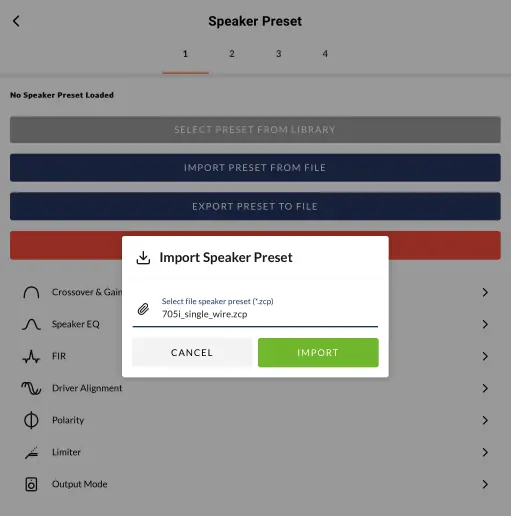 Speaker Preset import file selection