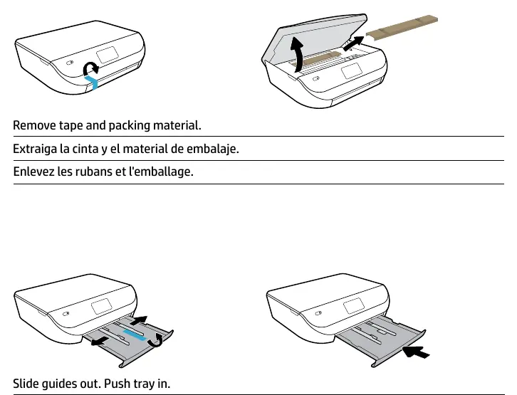 Unpacking the printer and preparing the paper tray.