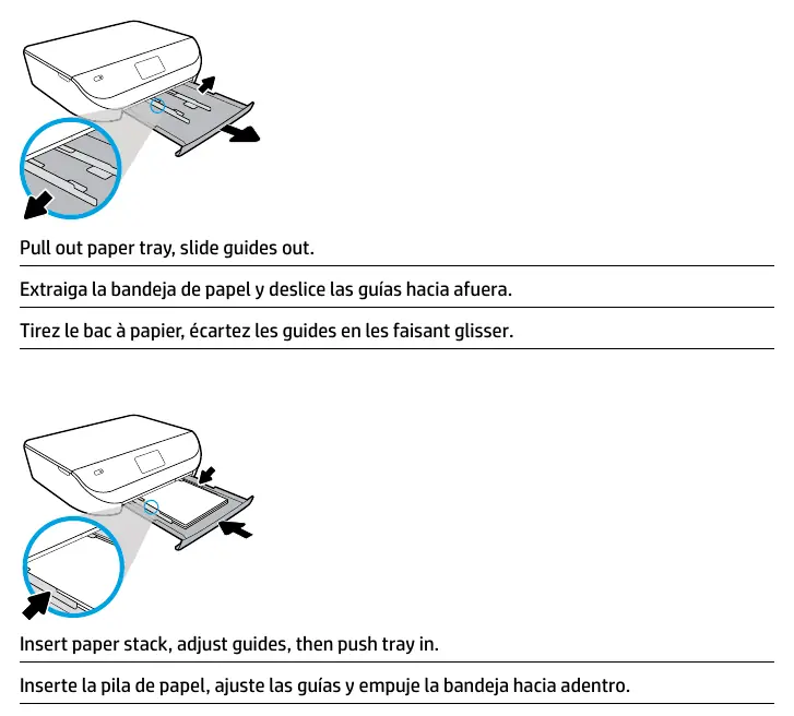 Loading paper into the tray and adjusting guides.