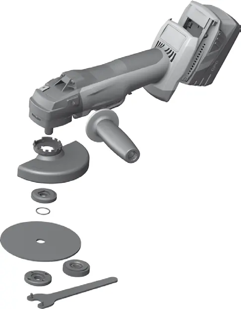 Exploded view of the tool components and disc mounting assembly.