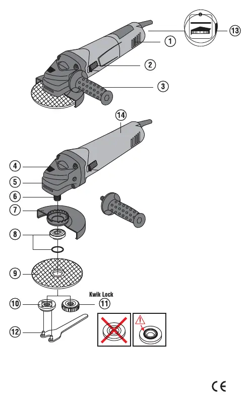 Overview of angle grinder controls and components