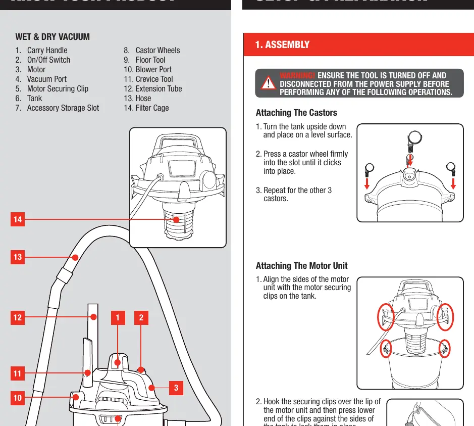 Assembly instructions for attaching the castor wheels to the tank and securing the motor unit using the side clips.