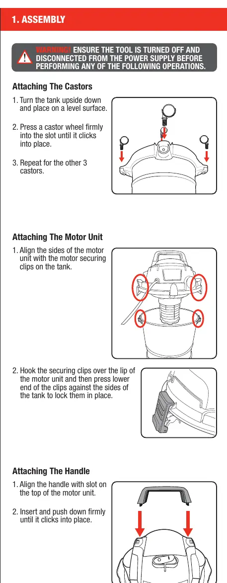 Assembly steps for castors, motor unit, and handle.