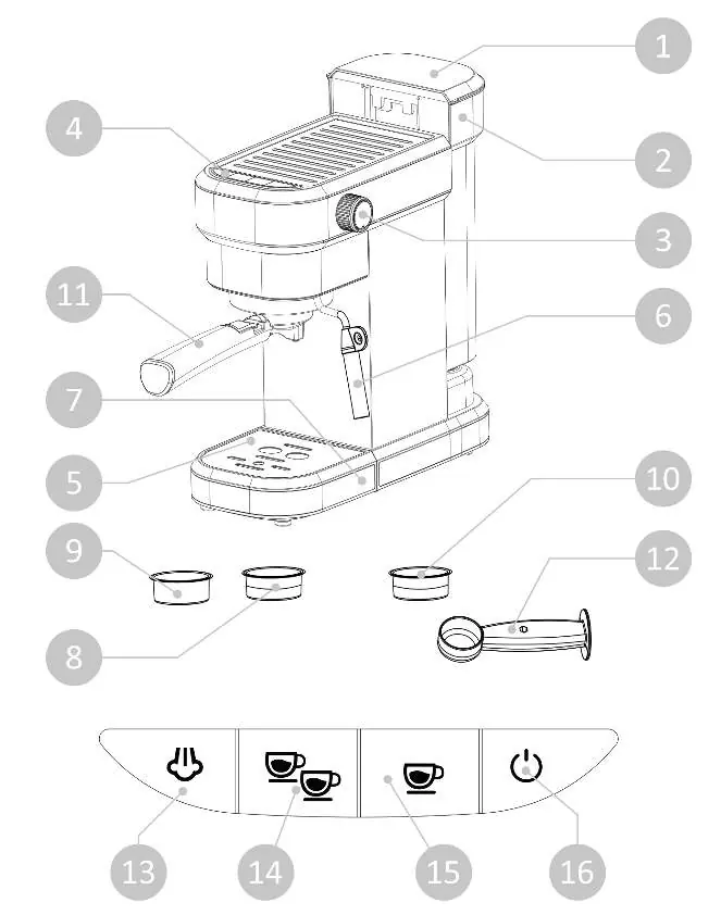 Diagram of the Flama 1256FL espresso machine and its components.