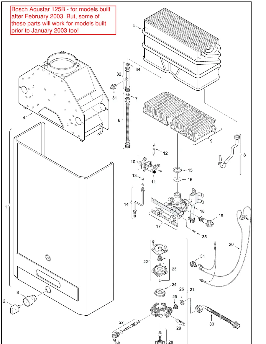 Exploded view diagram of the Bosch Aquastar 125B interior components.