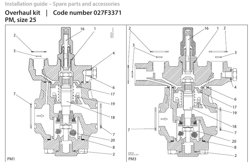 Exploded view diagrams for PM1 and PM3 valves
