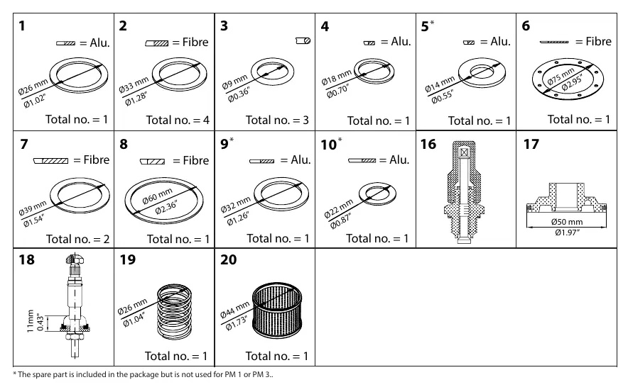 Parts list table with material and dimension specifications