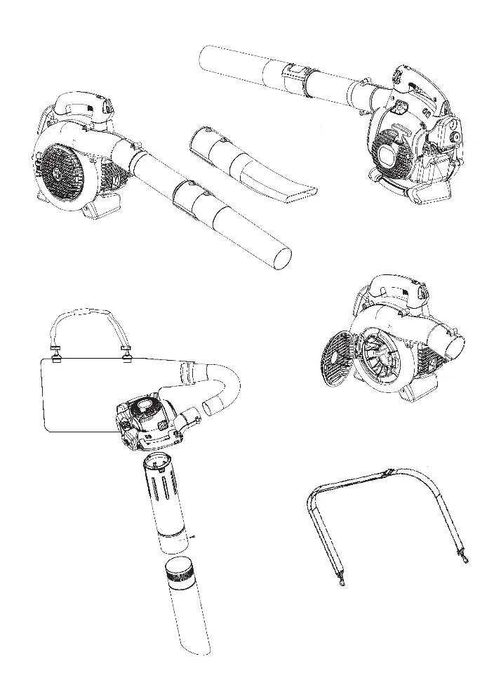 Product overview showing components for blower and vacuum configurations.