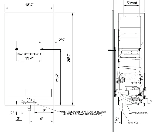 Mounting dimensions and clearances for the AquaStar 125HX.