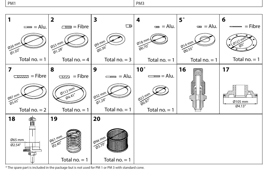 Spare parts list with dimensions and material specifications.