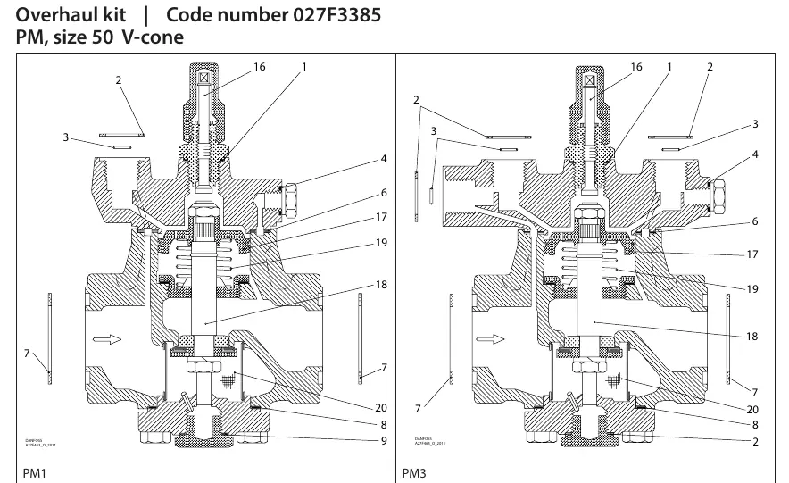 Exploded view diagrams for PM1 and PM3 valves