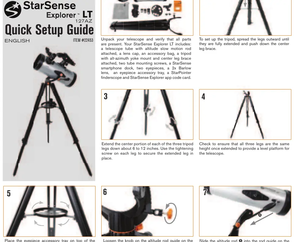 Step-by-step assembly guide for the Celestron StarSense Explorer LT 127AZ, covering tripod setup, leg extension, accessory tray installation, and telescope tube mounting.