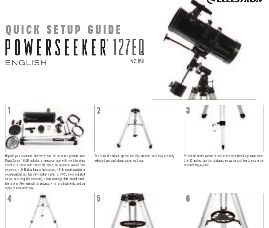 Unpacking and tripod setup steps 1 through 6 for the Celestron PowerSeeker 127EQ.