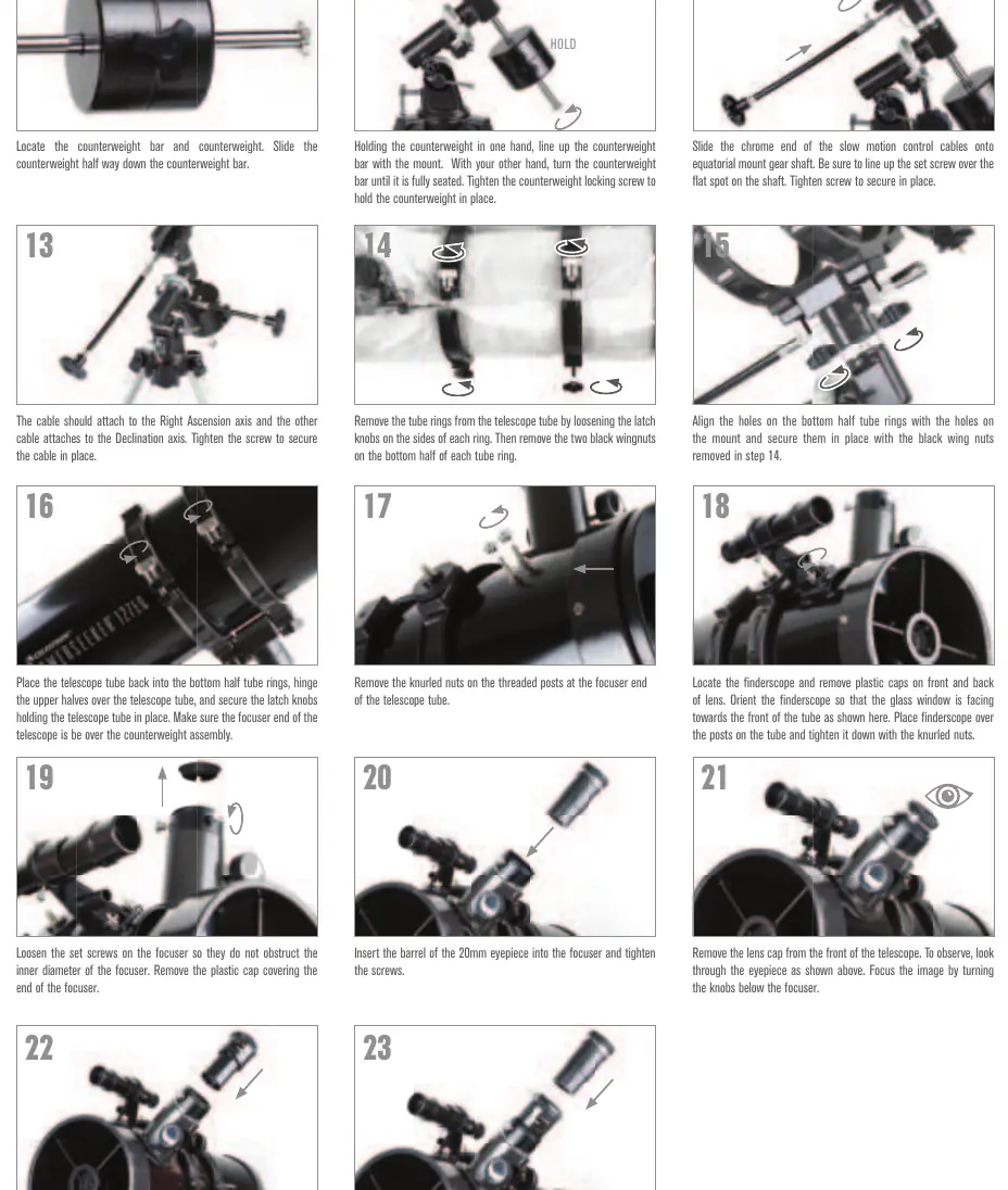 Telescope tube and accessory installation steps 10-23