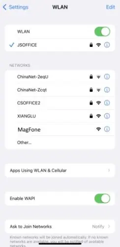 WiFi settings menu