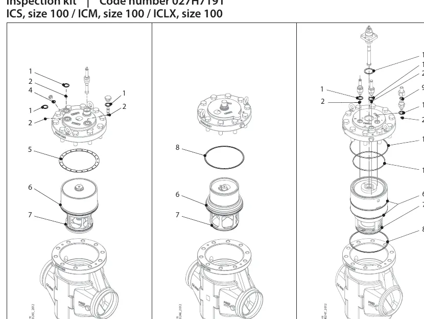 Exploded view diagrams for ICS, ICM, and ICLX size 100 valves.
