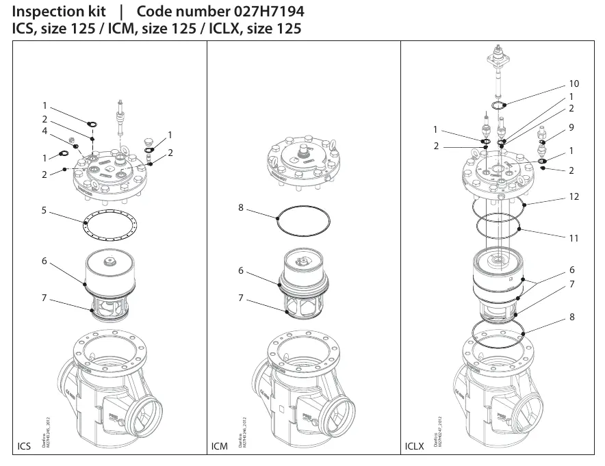 Exploded view diagrams for ICS, ICM, and ICLX size 125 valves.